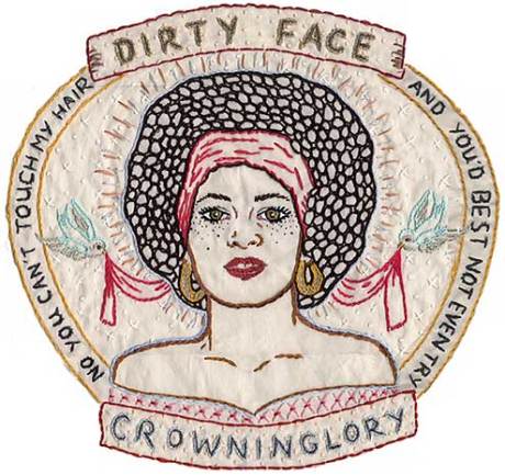 Crowninglory, 2003, hand embroidery on cotton panel, 17 x 18 inches